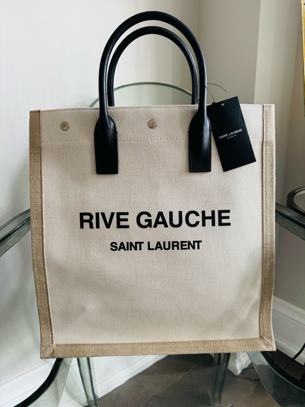 Saint Laurent Beige Canvas 'Rive Gauche' Tote with Black Handles